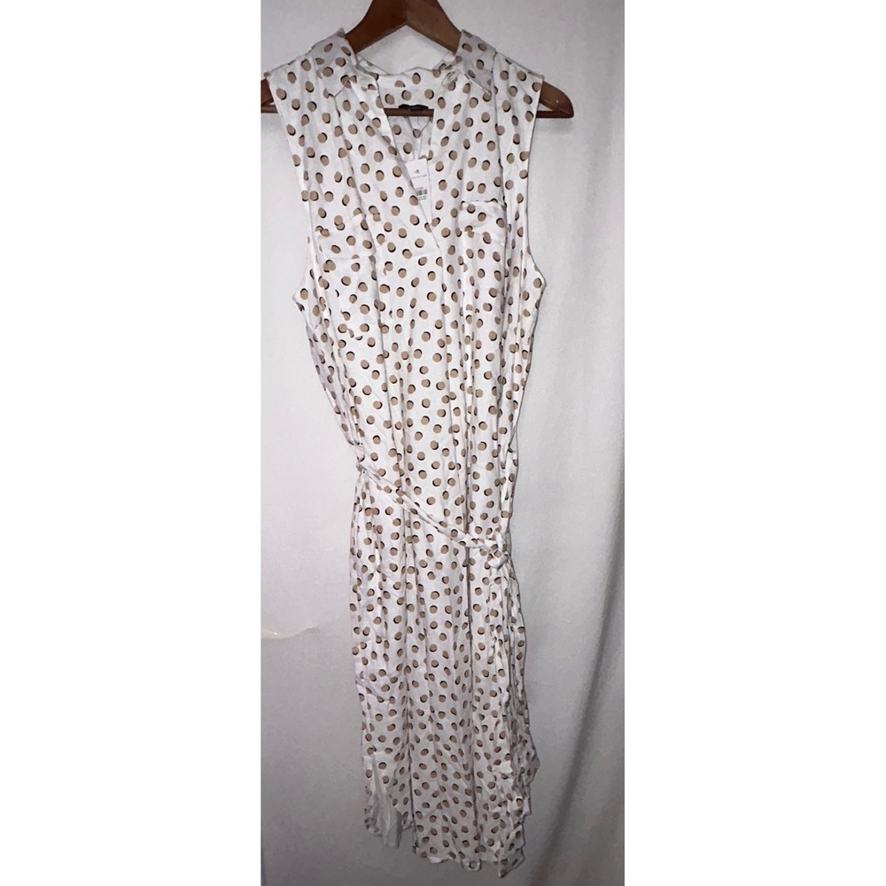 Ann Taylor Womens Dress White Gold Brown/Black Dot Sleeveless Collared Belted L
